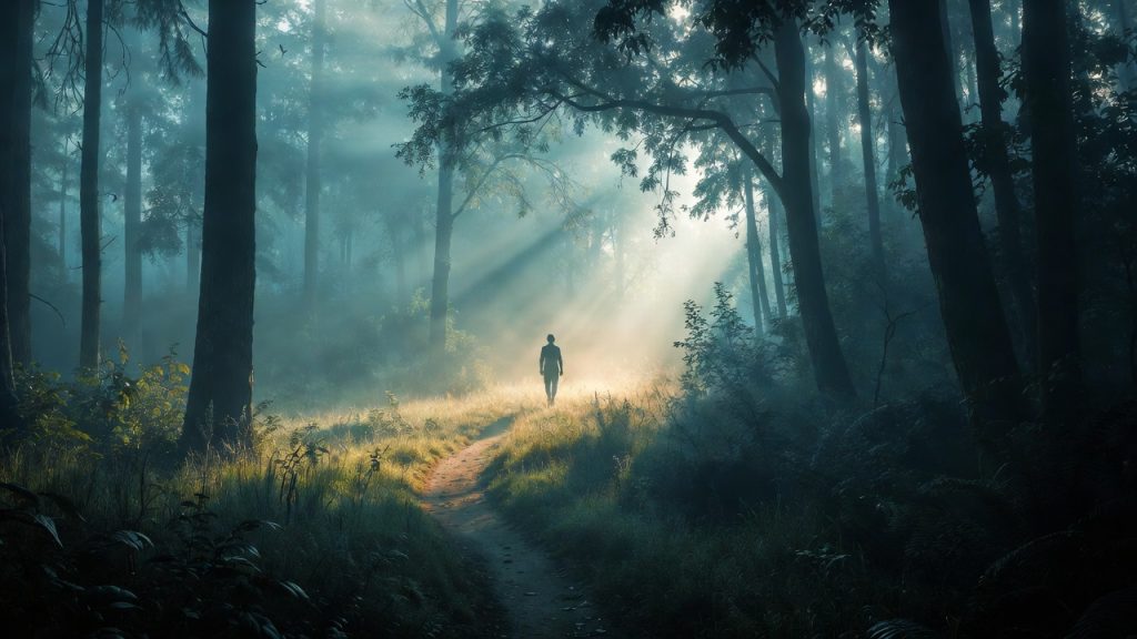 Symbolic path through forest representing managing PTSD triggers towards mental wellness