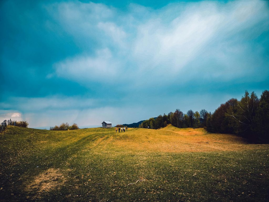 Traveler managing PTSD on a peaceful road journey, with green hills and blue sky for mental wellness.