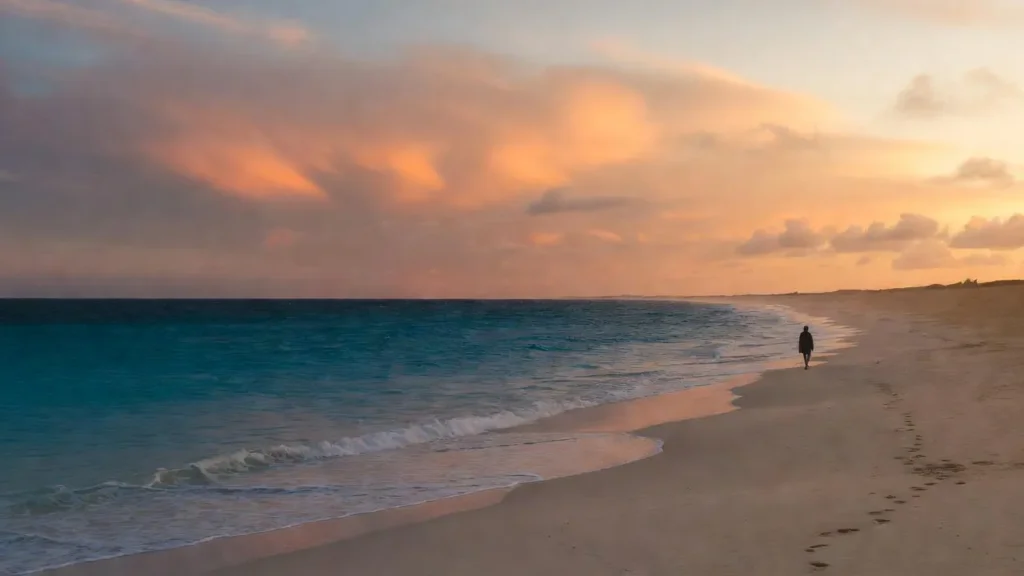 Person walking on beach at dawn managing emotional flashbacks in CPTSD for mental wellness.