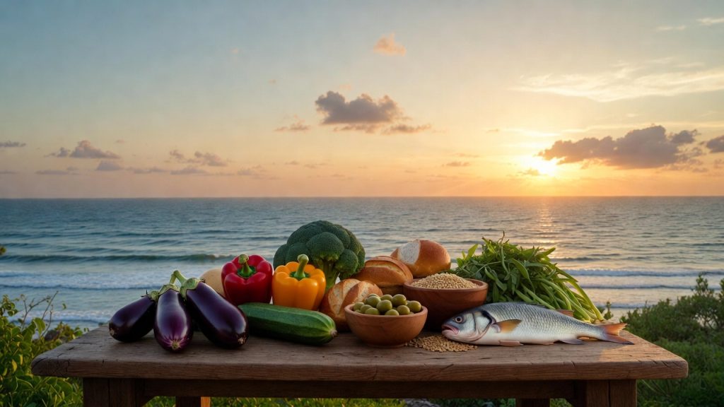 Vibrant Mediterranean diet foods supporting gut-brain axis for PTSD symptom relief.