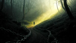 Person emerging from misty forest symbolising overcoming self-sabotage in CPTSD recovery.