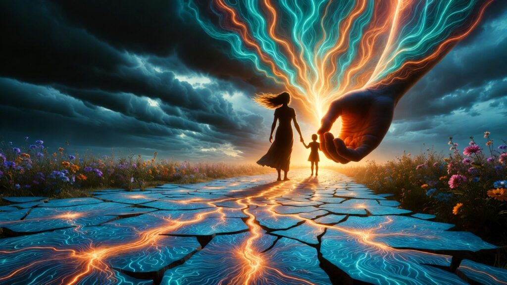 PTSD flashbacks in parenting with nervous system regulation strategies illustrated symbolically