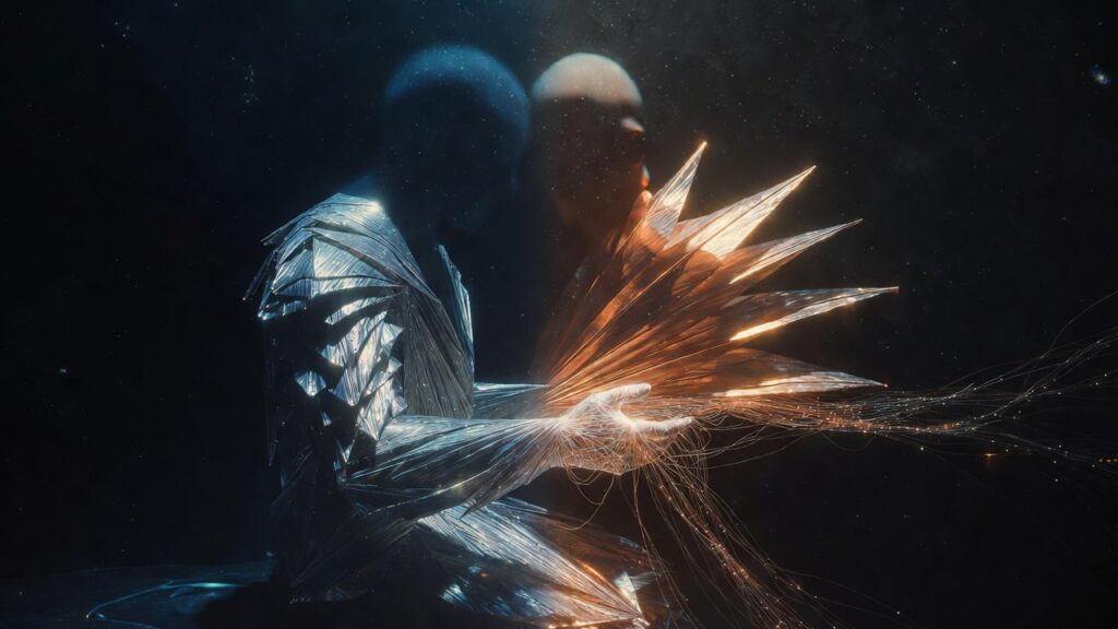 surreal sensorimotor psychotherapy illustration of unfolding body armour and relational safety in trauma recovery, vibrant contrasting lighting