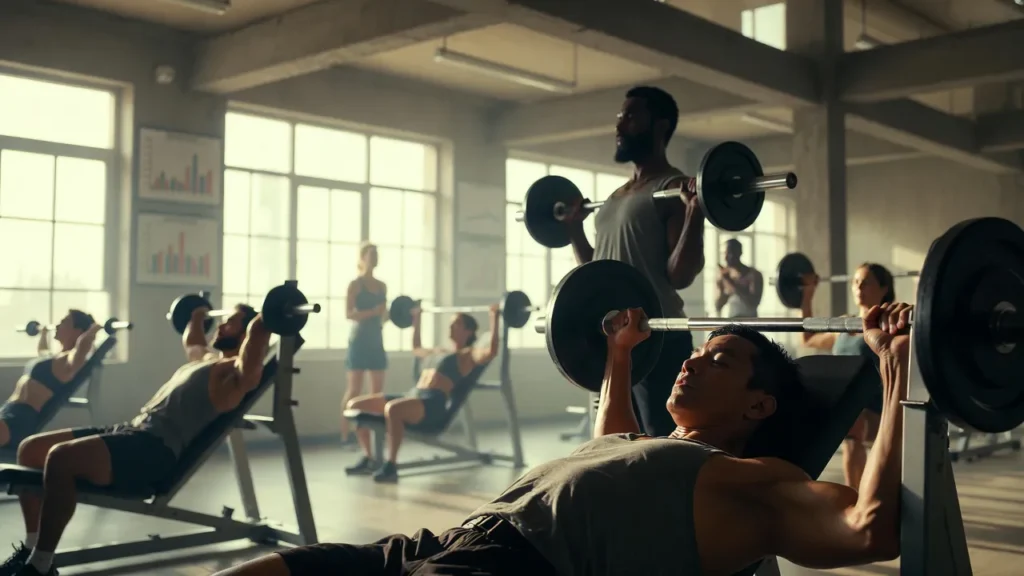 Diverse group strength training in gym for PTSD recovery, fostering empowerment and resilience through exercise.