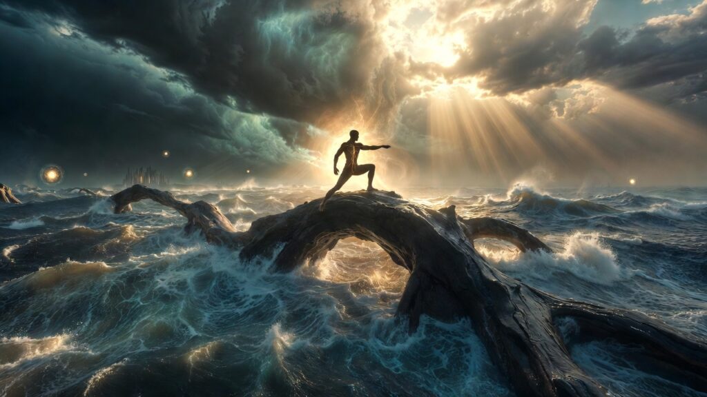 Surreal Tai Chi for PTSD nervous system regulation in stormy seascape