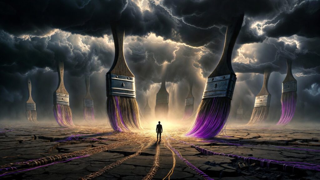 Surreal art therapy mending PTSD in vibrant landscape.
