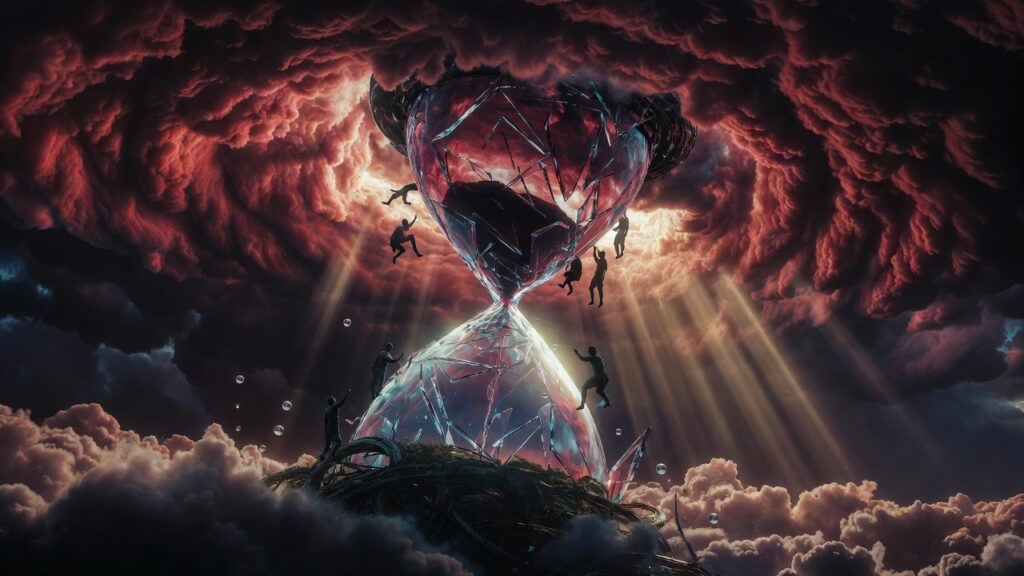 Surreal fractured hourglass in stormy landscape representing attachment insecurity and PTSD risk
