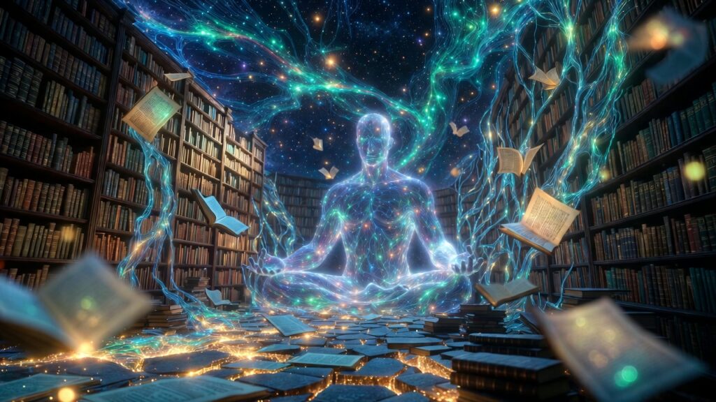 Surreal library scene illustrating bibliotherapy for trauma and nervous system healing.