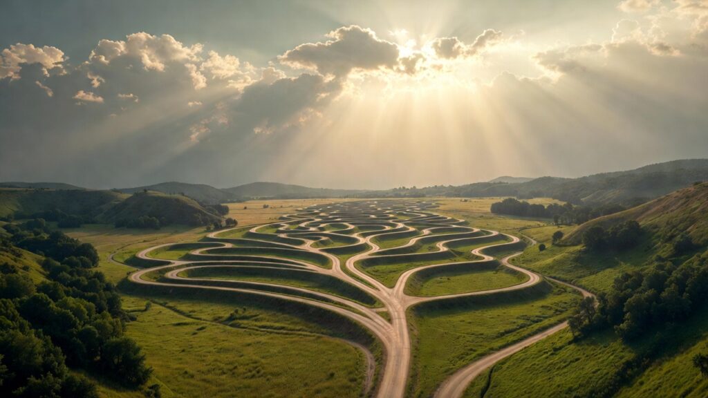 Branching paths in valley representing cognitive flexibility training for PTSD prevention