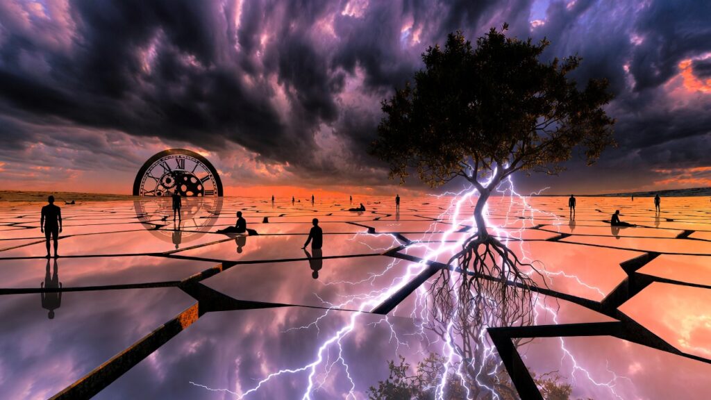 Surreal mirror landscape depicting dissociation types in PTSD with fragmented reflections and neural elements.