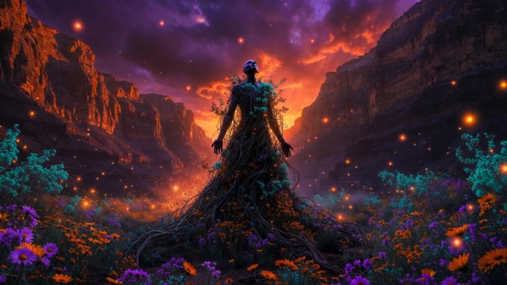 Ecotherapy image illustrating identity reclamation through surreal nature immersion for trauma survivors.