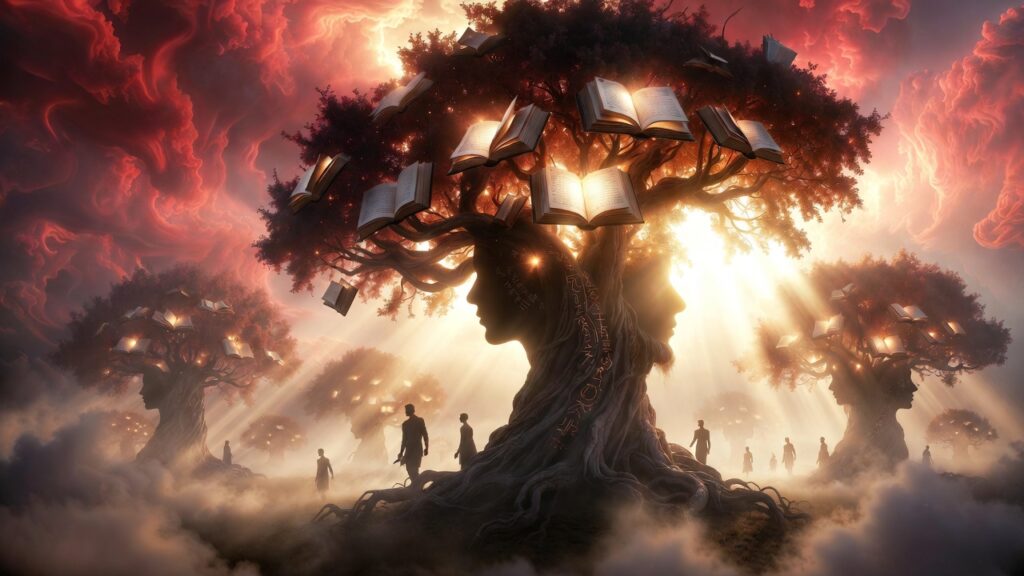 Surreal art of healing intergenerational systemic trauma via storytelling in vibrant, dramatic landscape
