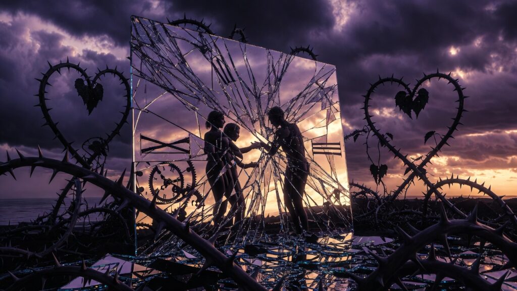 Insecure attachment mirroring PTSD risk in fractured relationships with hopeful unity ahead.