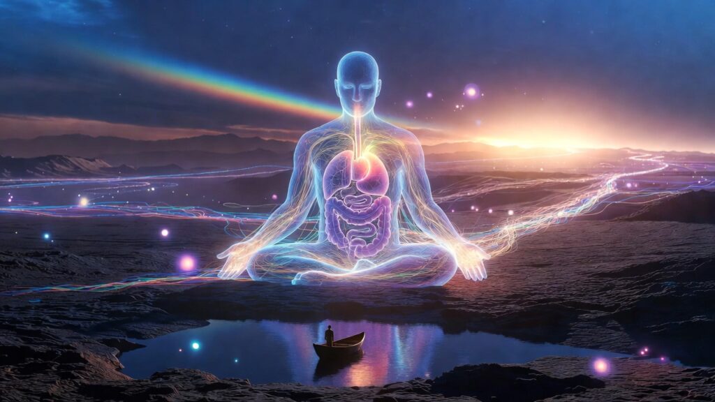 surreal interoceptive awareness landscape for PTSD recovery, glowing body signals and nervous system pathways in cosmic desert