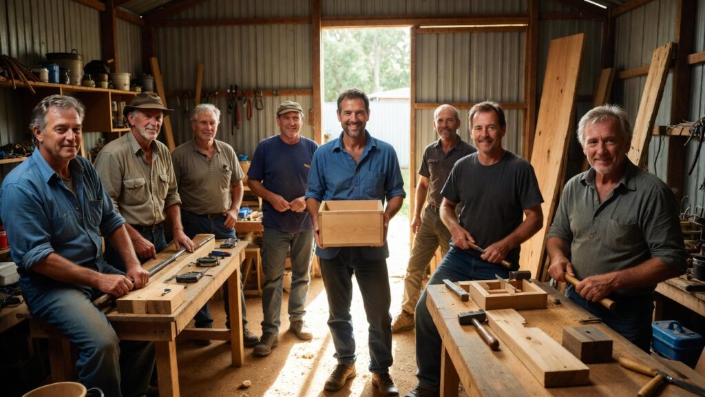 Australian men in Men's Shed workshop building together