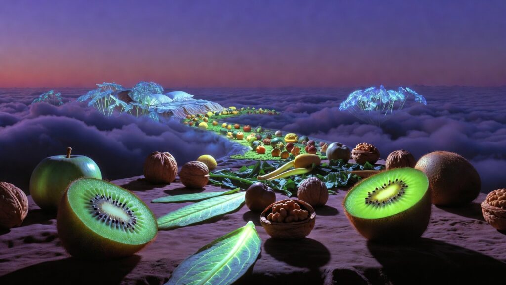 Vibrant fruits and veggies path to floating bed in twilight sky for trauma sleep nutrition.