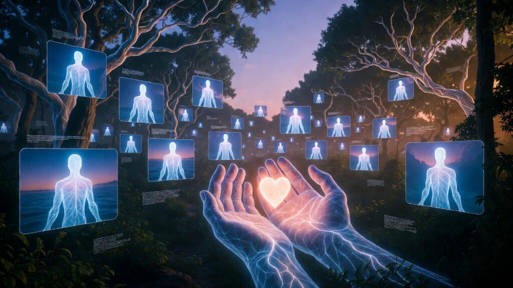 Surreal digital forest illustrating online support for PTSD nervous system regulation