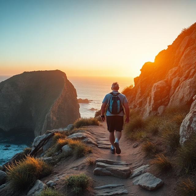 Hiker on coastal path representing bone health resilience against PTSD-related osteoporosis risk