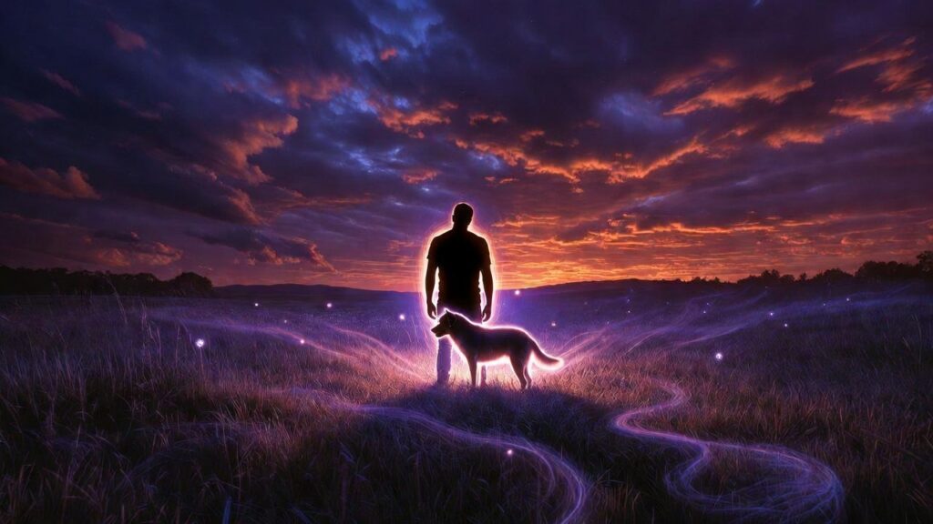 PTSD recovery through pet companionship in surreal healing landscape