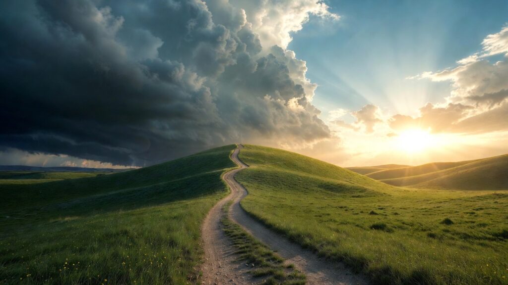 Winding path through hills illustrating 30-year PTSD remission and long-term prognosis journey