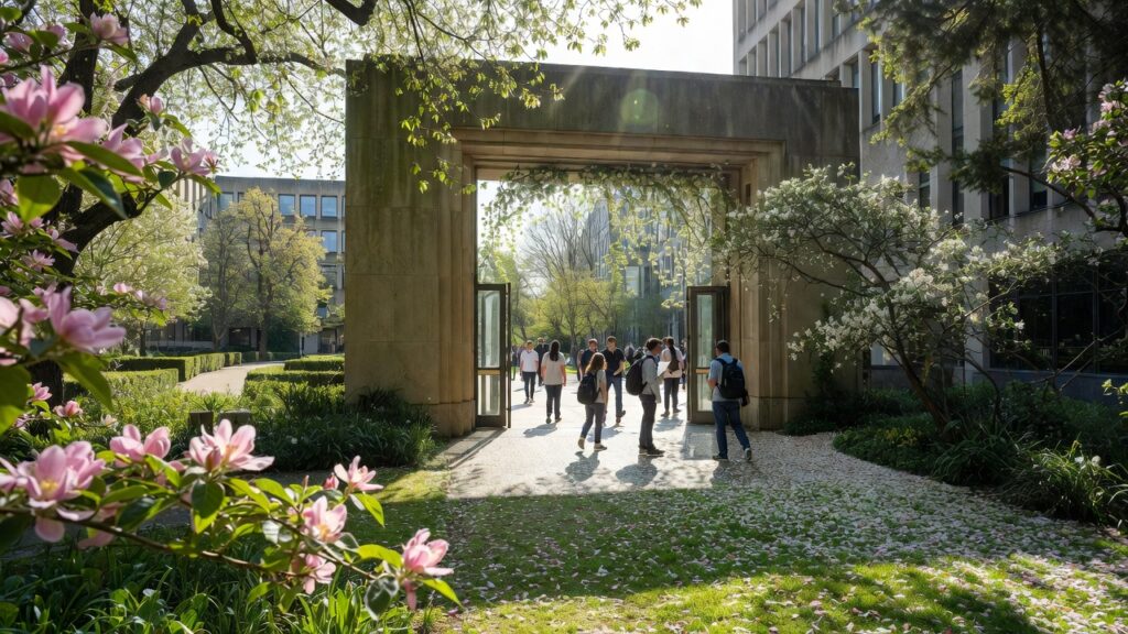 University library entrance with adult students symbolizing scholarships and educational funding for PTSD survivors