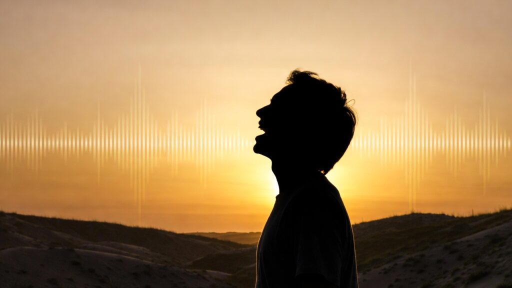 Silhouette speaking at sunset symbolising PTSD voice changes and recovery