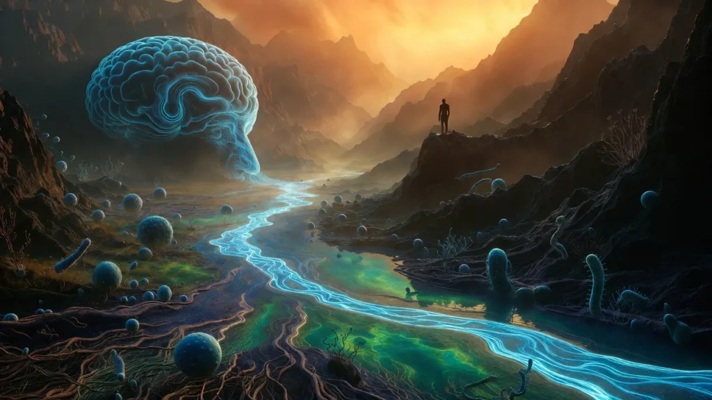 Surreal gut-brain axis landscape with neural river and microbial valley in PTSD context.