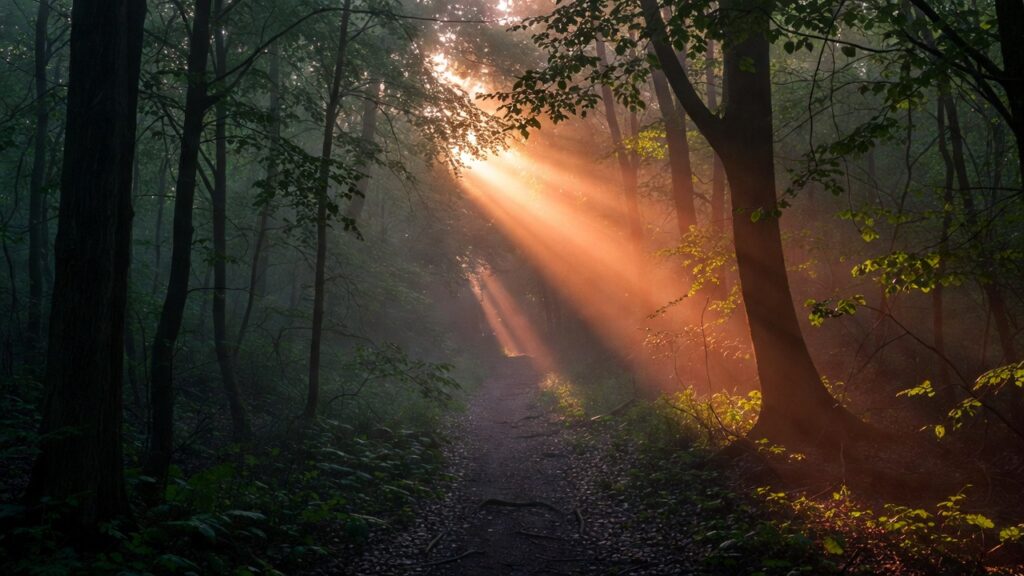 Forest path representing PTSD memory reconsolidation with propranolol treatment
