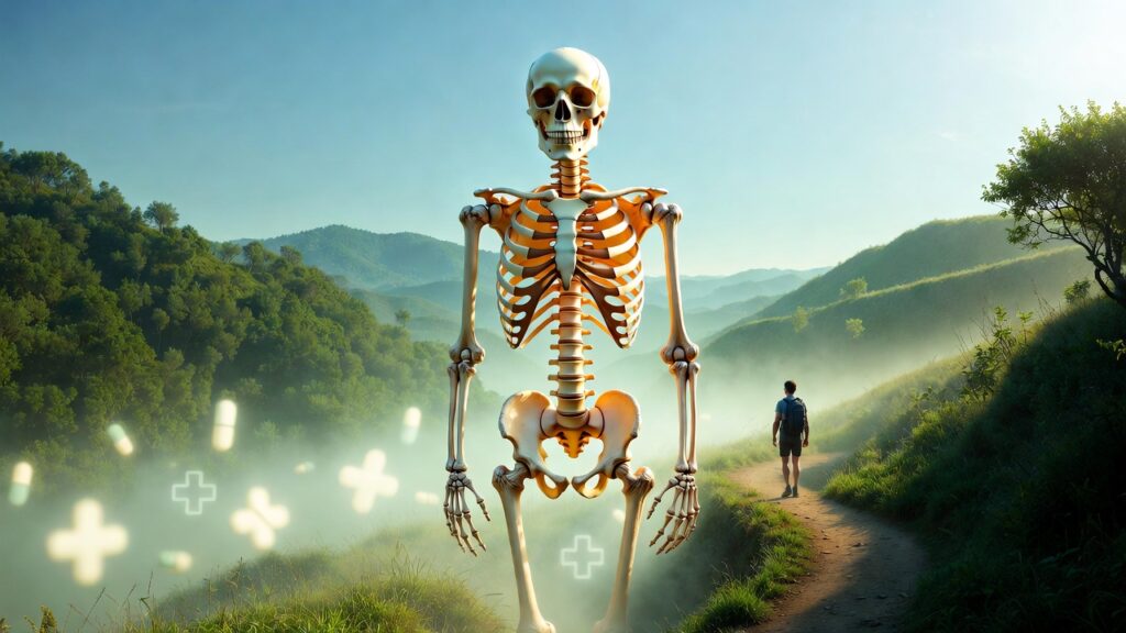 Person hiking with strong bones highlighted - protecting bone health during PTSD SSRI treatment