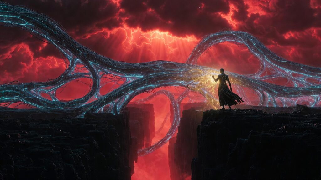 Surreal neural bridge taming trauma anger through nervous system regulation, glowing vines in stormy landscape.