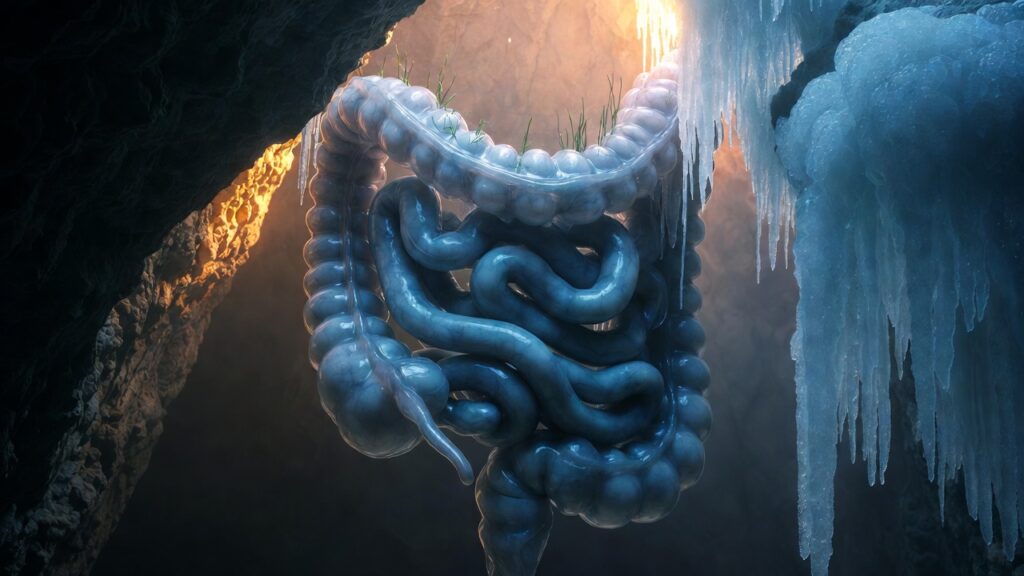Trauma gut freeze surreal glowing frozen intestine thawing with golden light and sprouting life symbolising somatic healing
