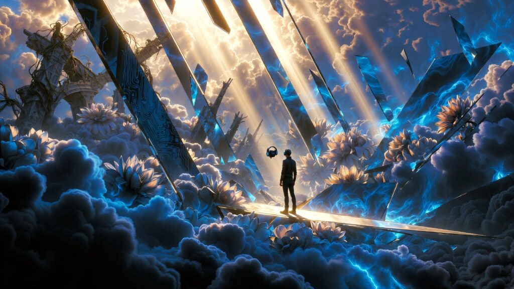 VR landscape for PTSD relief with surreal healing elements and dramatic lighting.