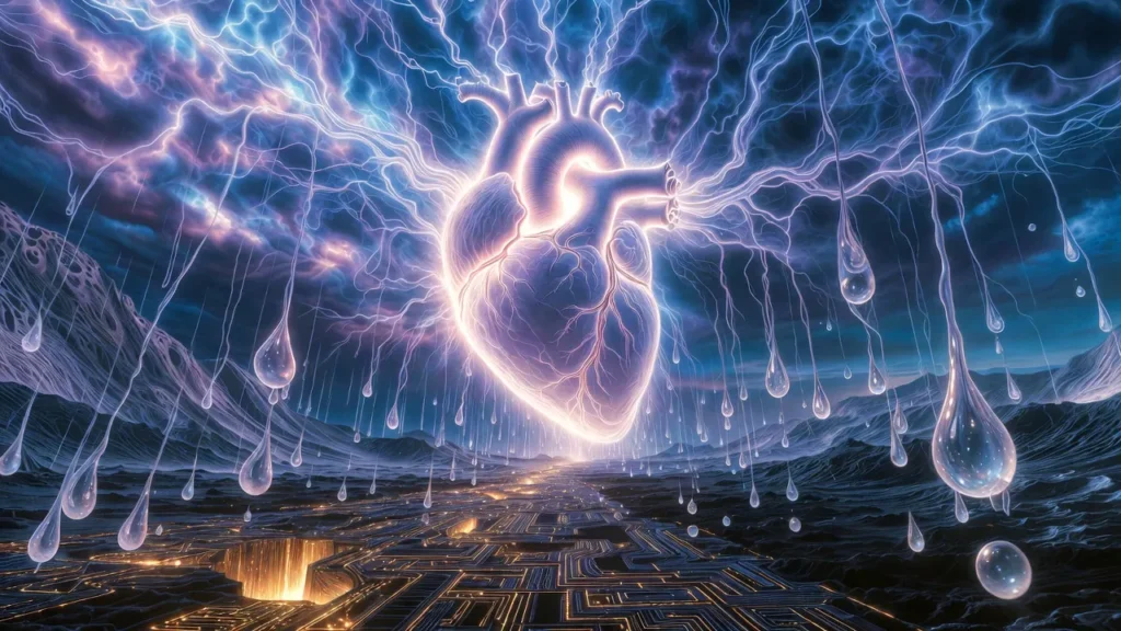 Vagus nerve regulating PTSD stress on heart in surreal neural landscape