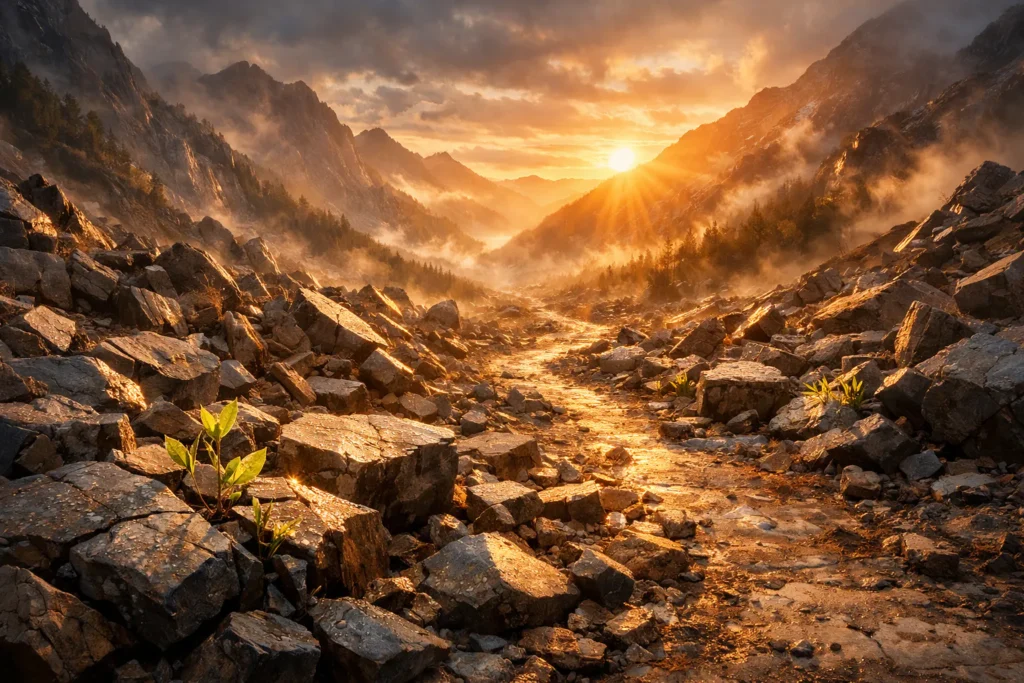 Mountain path after catastrophe illustrating EPCACE personality changes vs PTSD