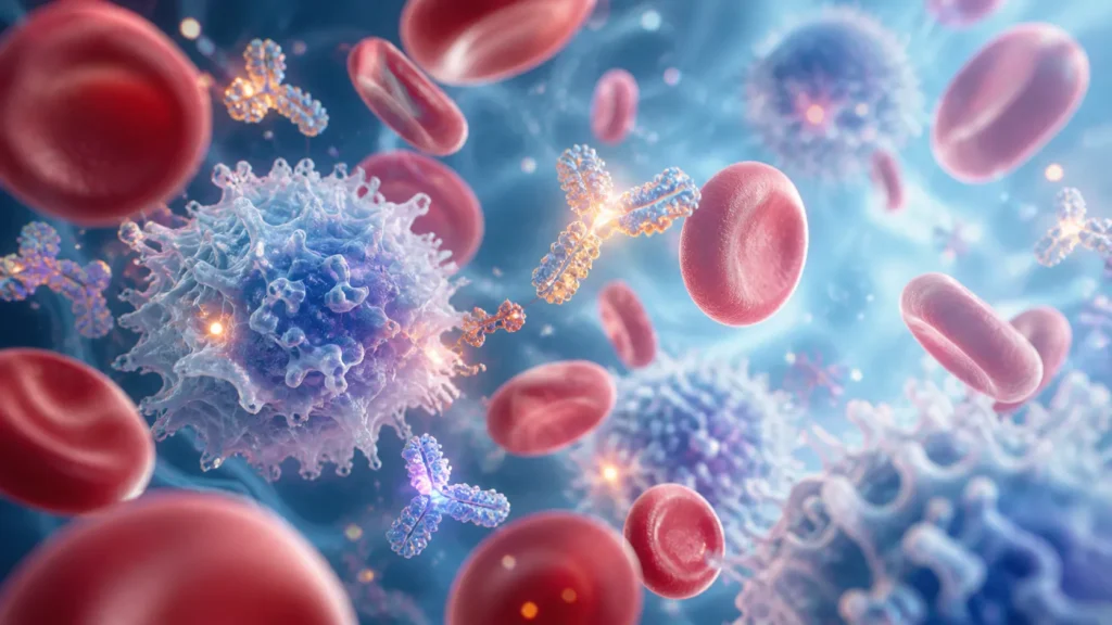 Abstract illustration of inflammatory cytokines and immune cells in the bloodstream, representing chronic inflammation linked to PTSD