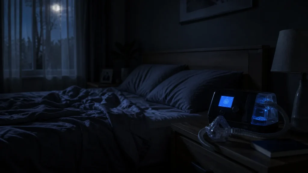 CPAP machine on a bedside table in a dimly lit bedroom, representing the overlap between PTSD and obstructive sleep apnoea treatment