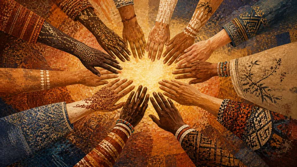 Diverse cultural hands reaching toward a shared centre, representing cross-cultural understanding of trauma and PTSD