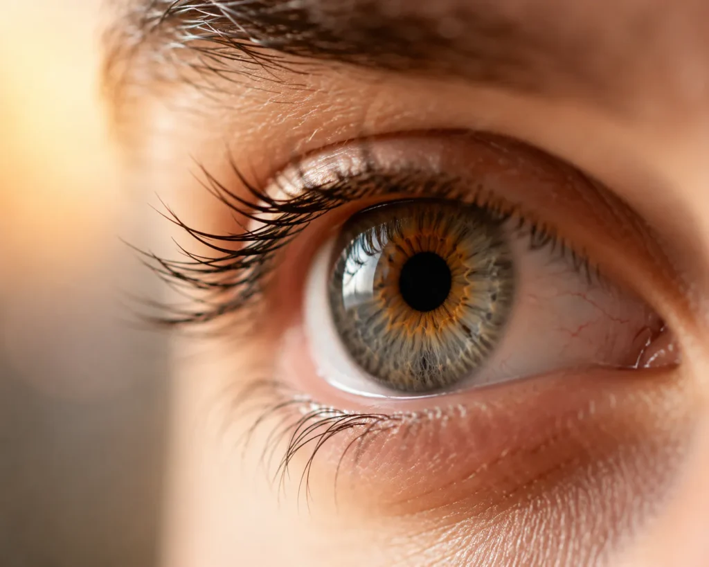 Close-up of human eye showing pupil and iris, representing oculomotor dysfunction and visual system changes in PTSD