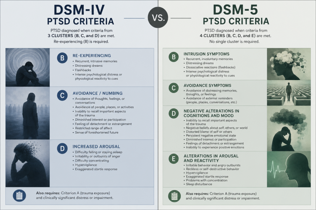 Comparison of DSM-IV and DSM-5 PTSD diagnostic criteria showing the four symptom clusters and how they differ between versions