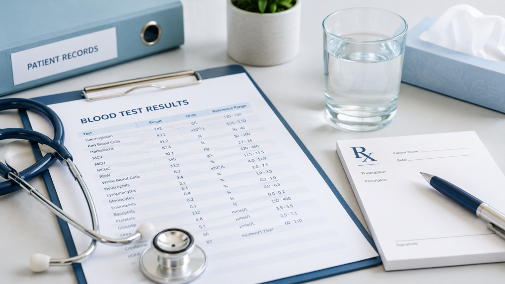Doctor reviewing metabolic blood test results for a patient on antipsychotic medication for PTSD treatment