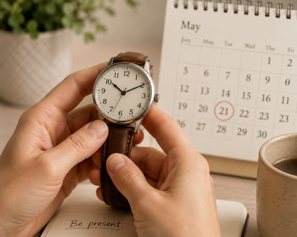 Hands holding a watch showing the time, with a calendar visible in the background, symbolising time anchoring and temporal awareness.