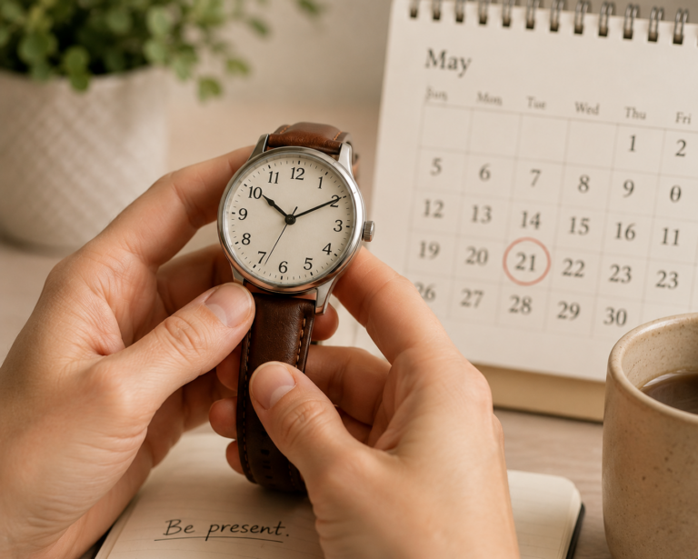 Hands holding a watch showing the time, with a calendar visible in the background, symbolising time anchoring and temporal awareness.