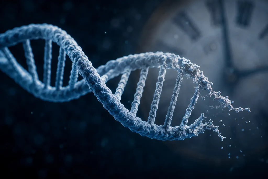 Illustration of a DNA strand with shortened telomere caps representing accelerated biological ageing linked to PTSD