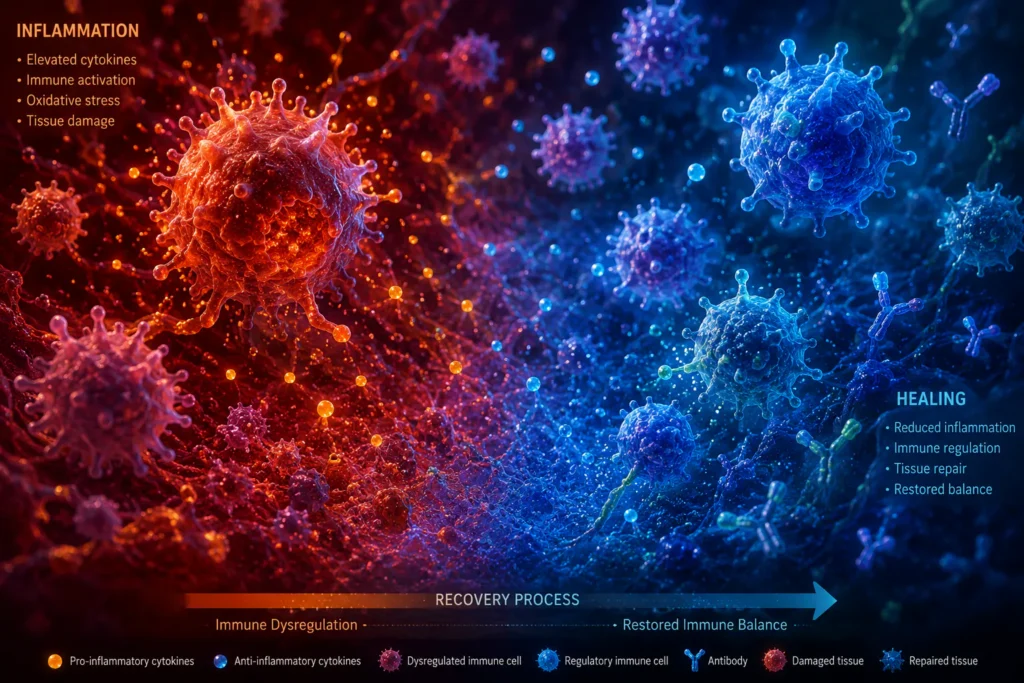 Microscopic immune cells with inflammatory markers showing dysregulation in PTSD and trauma survivors