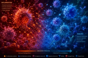 Microscopic immune cells with inflammatory markers showing dysregulation in PTSD and trauma survivors