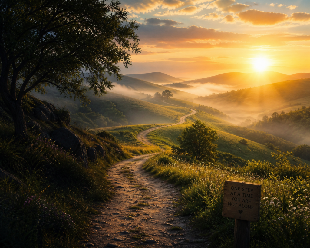 Path through misty hills at dawn showing transition from shadow to light, representing cortisol recovery and healing from chronic stress