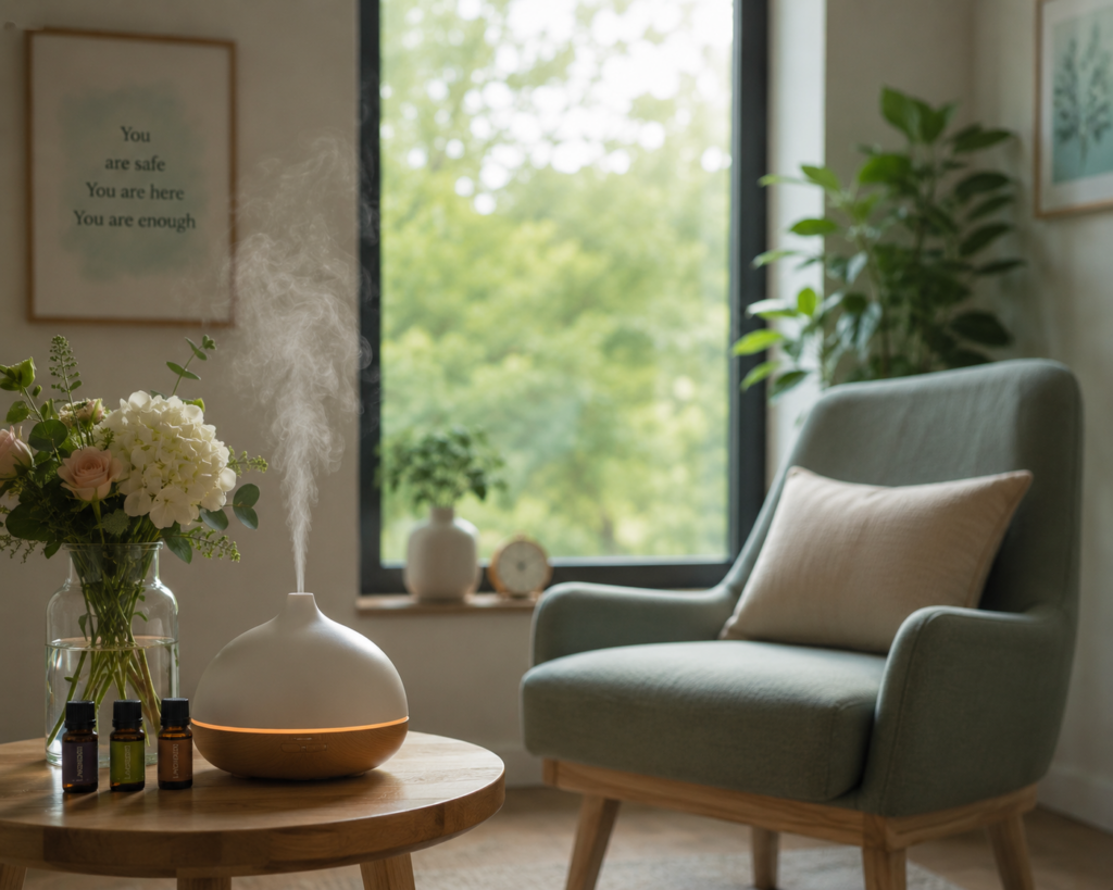 Peaceful therapy room with diffuser and flowers representing olfactory reconditioning for trauma recovery