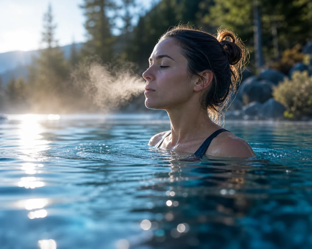 Person practising cold water immersion in controlled setting, demonstrating calm breathing during cold exposure therapy for PTSD recovery.