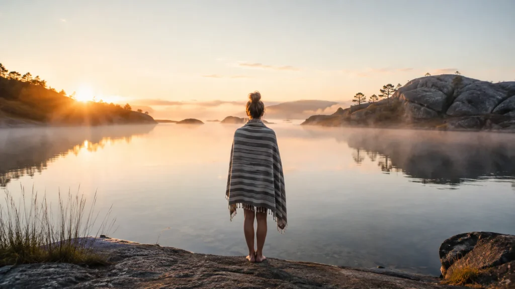 Person standing at the edge of a calm misty lake at dawn, preparing for cold water immersion as a complementary PTSD therapy